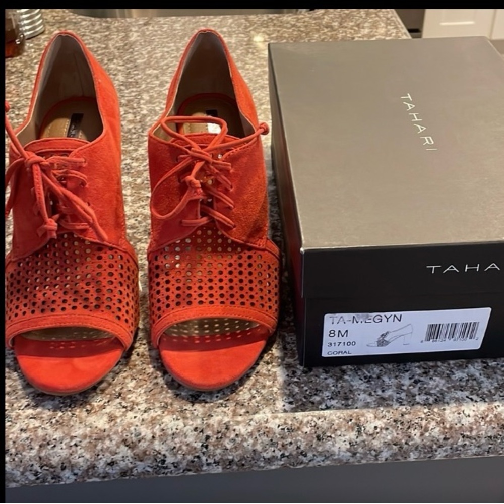 Tahari Dark Coral Suede Lace-Up Peep Toe Heels - LIKE NEW; tried on once! Sz 8